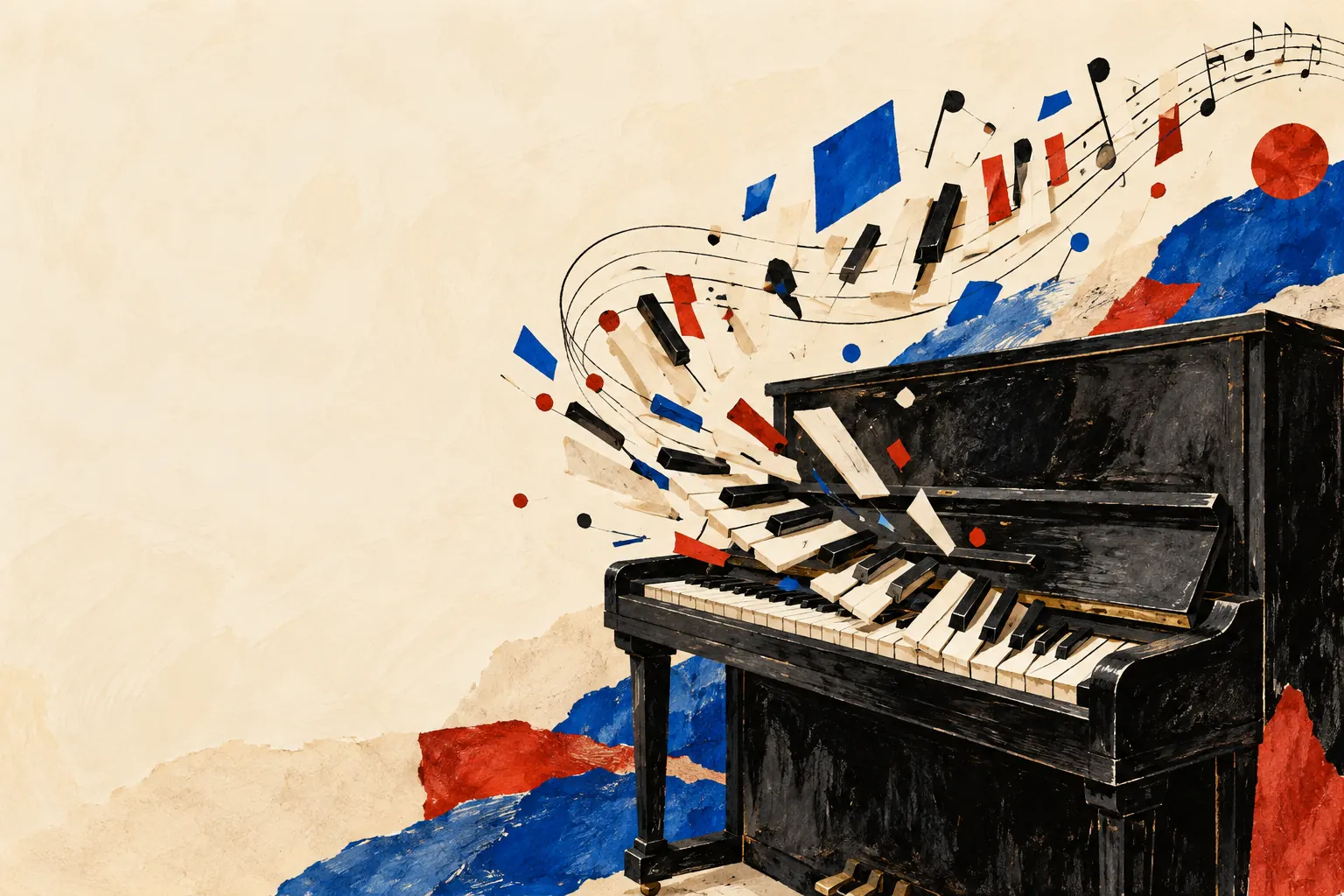 Illustration eines Klaviers, aus dessen Tasten eine bewegte musikalische Collage entsteht